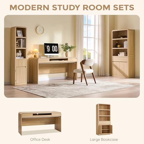 63" Modern Computer Desk with 2 Drawers, Wood Curved Executive Desk with Keyboard Tray & Power Outlet, Writing Desks with Storage for Home Office, Study Room, Living Room (Natural) - color: Natural