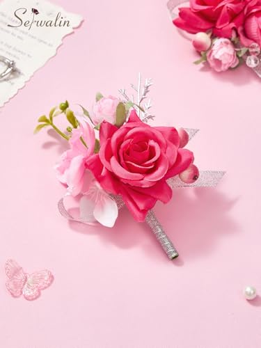 Serwalin 6 Pcs Hot Pink Boutonniere for Men, Groom Groomsmen Best Man Guest Boutonnieres，Artificial Flowers Silk Rose for Wedding Prom Ceremony Anniversary Party Homecoming - color: Hot Pink, size: Boutonniere 6pcs