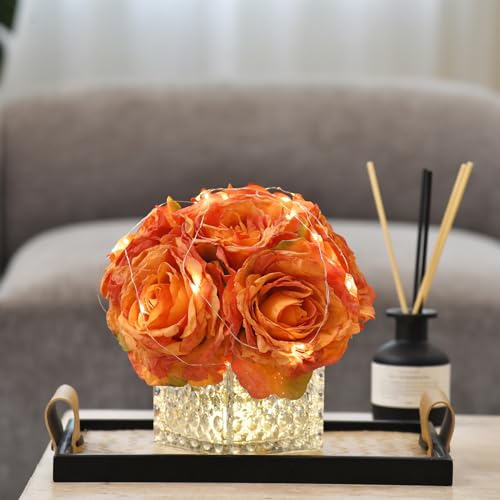 Artificial Rose in Glass Vase Vintage Silk Flower Arrangement with LED Light for Table Centerpiece Home Wedding Decoration (Orange) - color: Orange