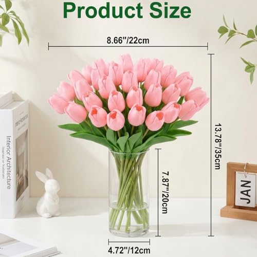 30 Pcs Pink Artificial Tulips with Clear Vase, Realistic Faux Tulip Bouquet in Vase, Fake Flowers Arrangement for Spring Floral Centerpiece for Home Office Table Decor
