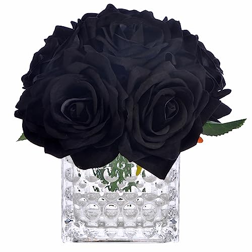 Fule Artificial Silk Rose Flower Centerpiece Arrangement in Glass Vase with LED Light for Home Wedding Decoration (Black) - color: Black