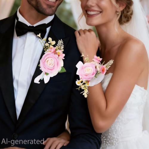 Wrist Corsage and Boutonniere Set, Artificial Rose Corsage Wristlet and Boutonniere for Wedding Prom Party (Light Pink 1 Boutonniere&1 Wrist Corsage) - color: Light Pink 1 Boutonniere&1 Wrist Corsage