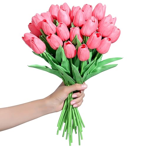SITUMEIZI 15pcs Tulips Fake Pink Artificial Flowers Real Touch 14" PU Flower for Home Decor Spring Easter Wedding Bouquet Decorations Valentine's Day Gifts(Fluorescent Pink) - color: Fluorescent Pink