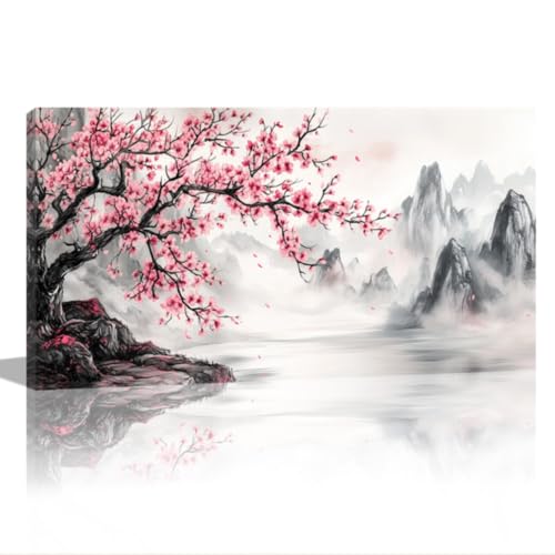 QIXIANG Cherry Blossom Mountain Canvas Wall Art Pink Floral Trees Pictures Large Landscape Painting Japanese Decor for Living Room Bedroom Framed (black,12" W x 24" L) - color: black, size: 12"W x 24"L