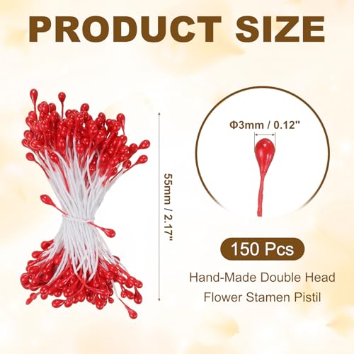 PATIKIL 3mm Double Heads Flower Stamen, 150 Pcs Artificial Flower Stamen Pistil Matt Pearl Floral Stamen for DIY Christmas Card Wedding Decoration, Bright Red - color: Bright Red