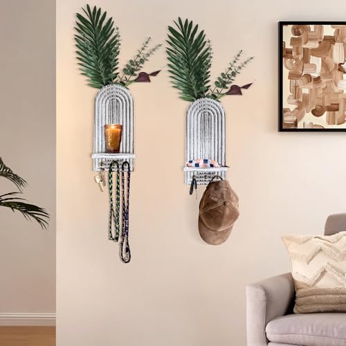3-in-1 Wooden Wall Organizer - Planter Vase + Candle Sconces + Hooks (No Dried Flower)- Farmhouse Hanging Decor Boho Wall Art for Indoor Plants Artificial Eucalyptus for Living Room Bedroom Washwhite - color: Washwhite