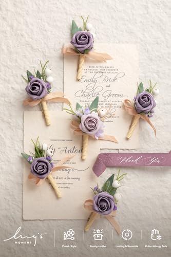 Ling's moment Boutonniere for Men, 6pcs Groom Groomsmen Boutonniere, Artificial Flowers for Wedding Decor/Prom/Homecoming, etc.Lilac Berry - color: Brn-lilac & Berry