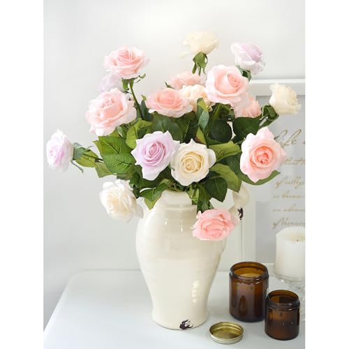 FiveSeasonStuff Real Touch Peach Pink Artificial Rose Stems, 12 Faux Flower Stems for Vase Arrangements, Soft Color Floral Styling - color: Peach Pink