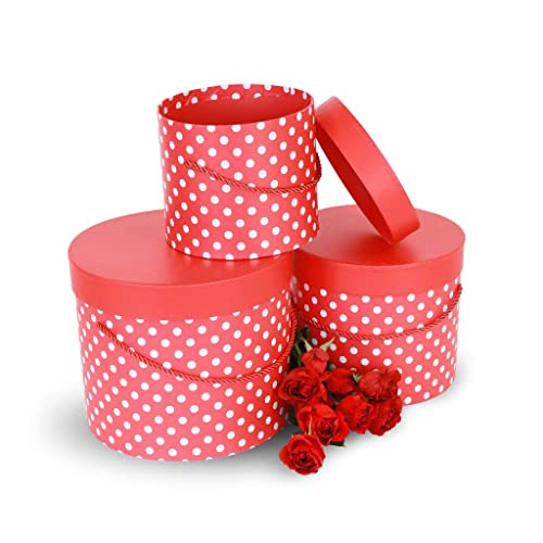 UNIKPACKAGING Premium Quality Round Flower Box, Gift Boxes for Luxury Flower and Gift Arrangements, Set of 3 pcs, (Red White Dots) - color: Red White Dots