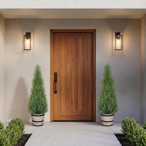 Artificial Cedar Trees 3FT Faux Cedar Topiary Evergreen Plants Outdoor Indoor Fake Cypress Pine Trees with Barrel Planter for Front Porch Entryway Patio Garden Home Decor Set of 2 - size: 3ft