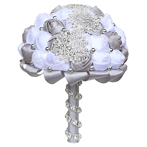 Bridal Wedding Bouquet with Gold Rhinestone Pearl for Quinceanera Bride Bridesmaid Satin Rose Flower Brooch Bouquet Wedding Silver Gray and White 7.1in - color: ['Silver & White'], size: Diameter: 7.1 inches