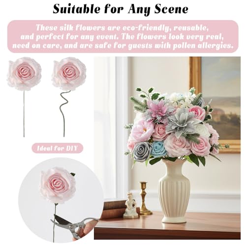 Artificial Flowers Combo Box Set, Silver Pink Silk Flower, Roses Poinsettia Faux Flowers for DIY Wedding Arch Bridal Shower Centerpieces Vase Arrangement Birthday Party Home Table Decor - color: Silver & Pink