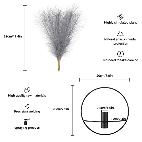 Pretty Jolly Boho Wall Decor Pampas, Wall-Mounted Metal Wall Art, Hanging Artificial Plant, Wall Decor for Living Room, Bedroom, Bathroom, Office, Dorm, Modern wall Decor 2 Pack - color: 11-pampas-gray, size: S 7.8inch (Black Ring)