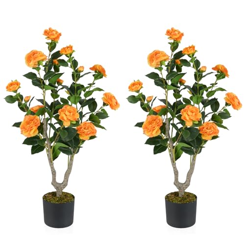 Goplus 36’’ Artificial Camellia Tree, 2 Pack Flower Plants Artificial Tree, Faux Floral Plant Blooming Tree in Nursery Pot, Greenery Potted Plant for Indoor Office Home Porch Decor, Orange - color: Orange, size: 36 inch×2