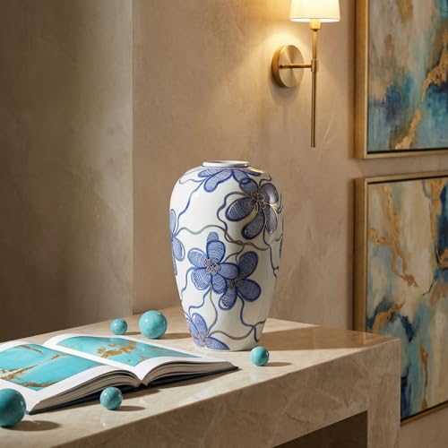 Blue and White Ceramic Vase for Home Decor – Hand-Painted Porcelain Flower Vase with Gold Accents – Chinoiserie-Inspired Home Decor Vase – 11" for Table, Shelf, or Mantel - size: 11"
