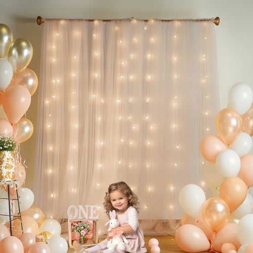 10ft x 8ft Champagne Backdrop Curtain with Lights String for Parties, Sheer Tulle Wedding Photo Backdrops Drapes for Baby Shower Birthday Party Decorations Background for Photography - color: Champagne, size: W5' x H8'(2 panels)
