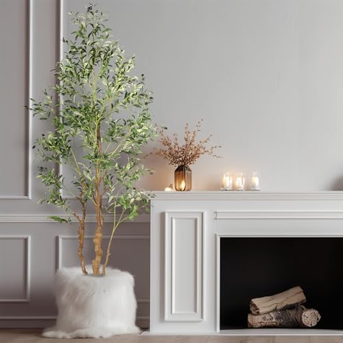 OXLLXO 7.2ft Artificial Olive Tree (85in) with Plastic Nursery Pot Faux Olive Silk Tree, Fruits Fake Plant for Office House Farmhouse Living Room Home Decor (Indoor/Outdoor) - size: 7ft 1in
