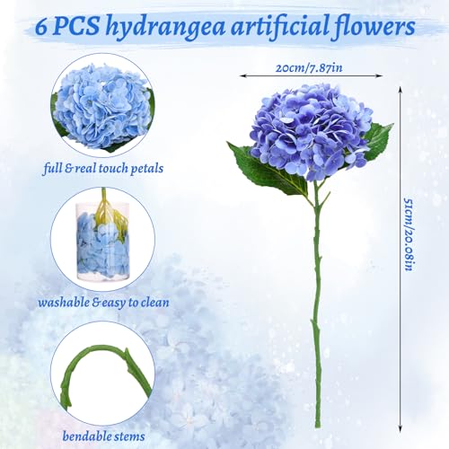 6 pcs Real Touch Hydrangea Artificial Flowers, 20 Inch Blue White Lifelike Fake Hydrangeas Bouquet with Bendable Stems & Leaves for Wedding Centerpieces, Home Decor, Vase Arrangements