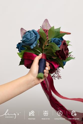 Ling's moment Burgundy Artificial Wedding Flower Bouquets for Bridesmaids Navy Blue Floral Bouquet Bridesmaids Bouquets with Ribbon Ceremony Anniversary,7-inch Diameter - color: Blu-navy Blue & Burgundy Red
