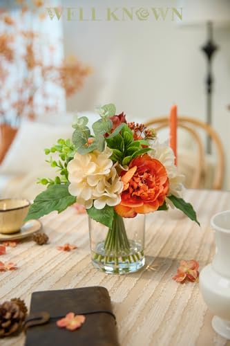 WELL KNOWN Artificial Flowers in Glass Vase with Fake Water, Burnt Orange & Champagne Silk Peony Flower Bouquet for Winter Home Dinning Coffee Table Wedding Party Lavatory Spring Seasonal Decor & Gift - color: Orange & Champagne
