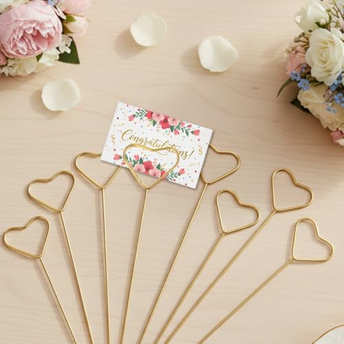 40Pcs Floral Card Holder Picks Gold Metal Wire Flower Card Stick 12 Inch Picture Photo Memo Gift Cards Holder Sticks for Floral Arrangement Bouquet Wedding Decoration Flower Pick for Cards Heart