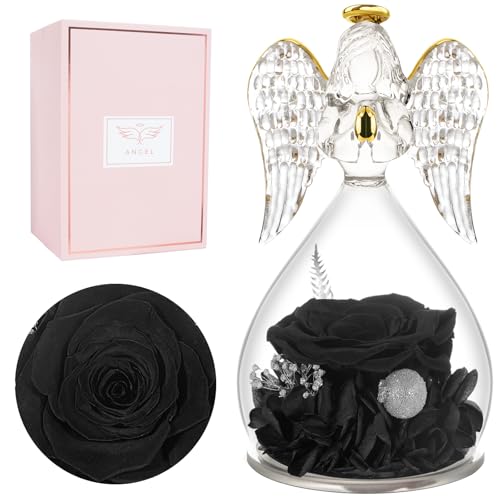 Miofula Gifts for Mom Birthday Gifts for Women, Preserved Flowers Rose in Glass Angel Figurines, Fresh Flowers for Delivery Anniversary Forever Real Roses Gifts for Mothers Grandma Her Wife Girlfriend - color: Black