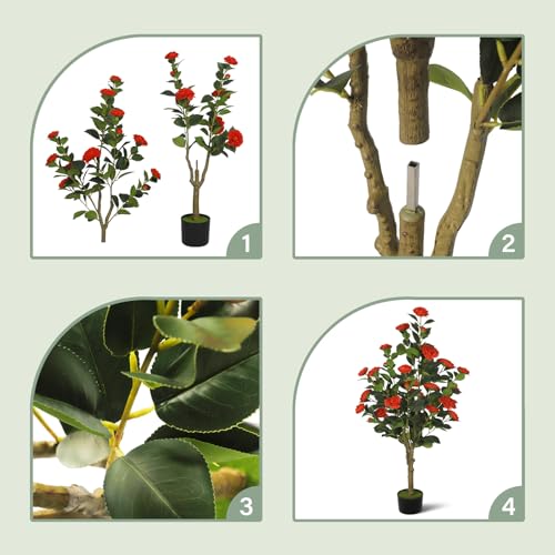 2-Pack 4FT Artificial Camellia Tree,Realistic Fake Potted Plants with Flowers&Planters,Indoor/Outdoor Faux Flowering Trees for Home,Office,Porch,Wedding,and Housewarming Gift Decor,Red - color: Red