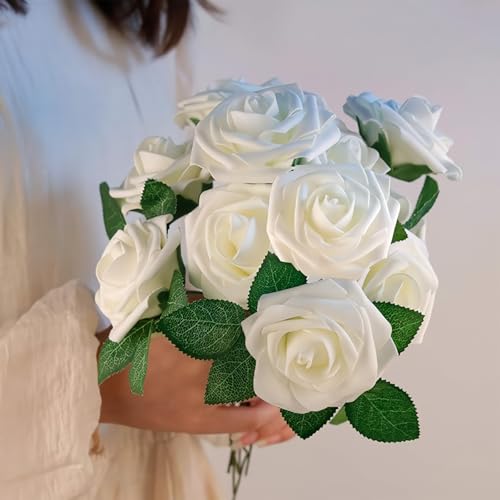 Artificial Ivory Foam Roses with Stems & Leaves - Pack of 50, Perfect for Wedding Centerpieces, Event Decor, DIY Bouquets, and More - color: Ivory