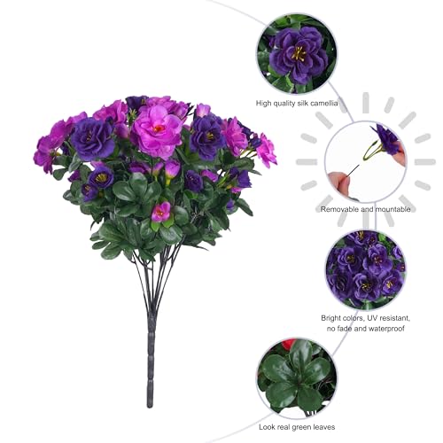 Artificial Faux Outdoor Flowers Plants for Spring Summer Decoration, Fake Silk Camellia UV Resistant Look Real for Planter Outside Front Door Porch Patio Balcony, 3 Large Bundles (Purple+Fuchsia) - color: Purple+fuchsia