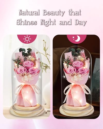 HVY Preserved Flowers Gifts for Her,Preserved Rose Bouquet in Glass Dome,Forever Flowers Fresh Bouquet Present for Women Mothers Day Birthday Gifts for Mom Wife Grandma,Pink Real Rose - color: Pink Rose