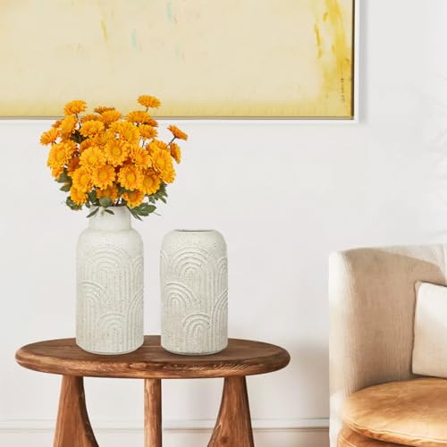 10 inch Large Ceramic Vase, Beige Boho Embossed Flower Vase with Texture, Farmhouse Pottery Vase for Home Decor Mantle Fireplace Living Room Table Centerpiece Pampas Grass - size: 10 IN