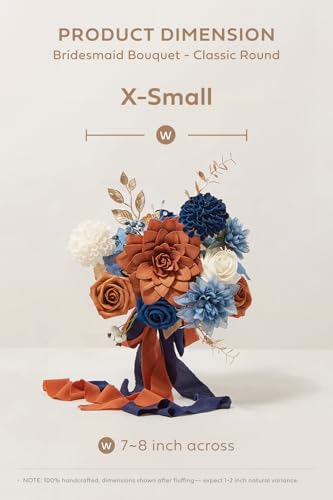 Ling's moment Burnt Orange Artificial Bridesmaid Bouquets Set of 4,Terracotta Wedding Flower Bouquets Navy Blue Floral Bouquet Bridal Bouquets with Ribbon,Ceremony,Anniversary,7-inch Diameter - color: Or-orange & Navy Blue