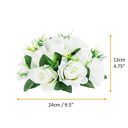 10Pcs Artificial Flower Ball Arrangement, 9.5" 15 Heads Wedding Roses Bouquet with Base Suitable for Parties Valentine's Day Wedding Centerpieces Flower Rack and Home Decor (White) - color: White