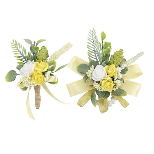 Yellow Corsage and Boutonniere Set Wrist Corsage Wristlet for Prom Groom Flower Boutonniere for Men Wedding Party Homecoming Accessories Suit - color: Yellow