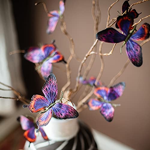 Artificial Butterfly, Silk Butterflys, Butterflies for Crafts for Floral Arrangements, 3D Butterfly Stakes Decor, Christmas Tree Decor, New Year Party Supplies - color: Purple Butterfly-5-pcs