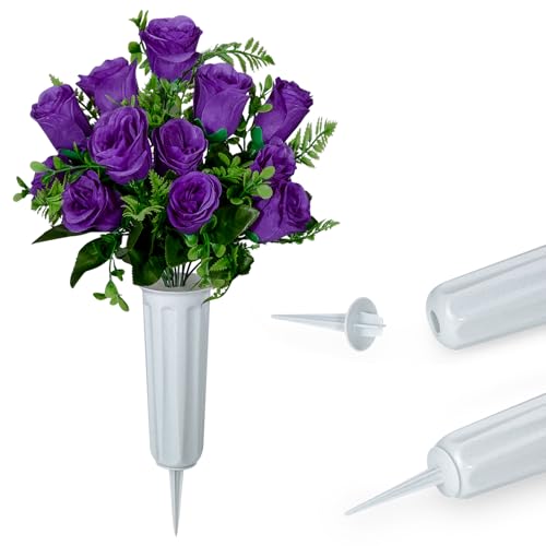 XONOR Artificial Cemetery Flowers, Set of 2 Artificial Rose Bouquet Grave Memorial Flowers with Vase for Cemetery Headstones Decoration (Purple) - color: Purple