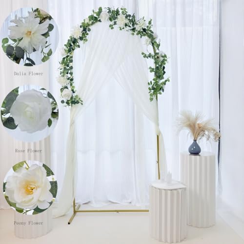 Artificial Flower Garland，6.5Ft Fake Dahlia Rose Flowers Garland Floral Eucalyptus Greenery Vine for Wedding Arch，Table Runner Centerpieces Backdrop Room Wall Hanging Plant Decor（White） - color: White