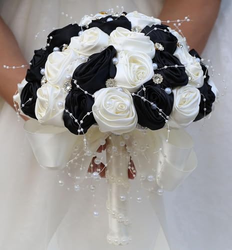 Ujicde Romantic Wedding Bouquet Bridal Bridesmaid Round Bling Brooch Bouquet Throw Toss Artificial Rose Flower Bunch with Sparkle Rhinestone Crystal Decoration(Black+Ivory,Dia. 6.3"*16cm) - color: Black+ivory, size: Dia. 6.3"*16cm