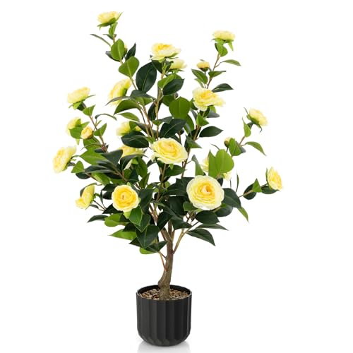 DREAMADE Artificial Camellia Tree, 38” Tall Potted Plant Artificial Decoration w/Cement Pot, 24 Flowers, Decorative Bonsai, Faux Plant Greenery for Indoor Living Room Office Dining Room Bedroom - color: Yellow