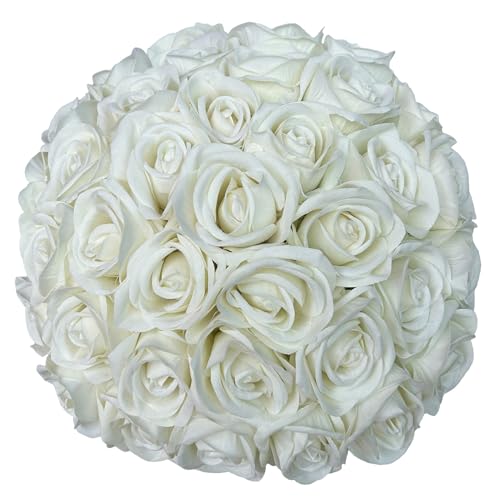 FagusHome 30 Pcs Silk Rose Artificial Flowers Roses Bulk Bouquet Fake Flowers Rose Heads with Stems for Home Wedding Decor (White) - color: White