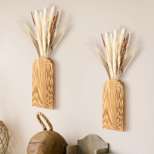 2 Pack Wooden Wall Vase with 40 Pcs Dried Pampas Grass Decor, Boho Pampas Grass Fall Farmhouse Hanging Planter for Hallway, Bedroom, Living Room, Dining Room, Office - style: Farmhouse Style