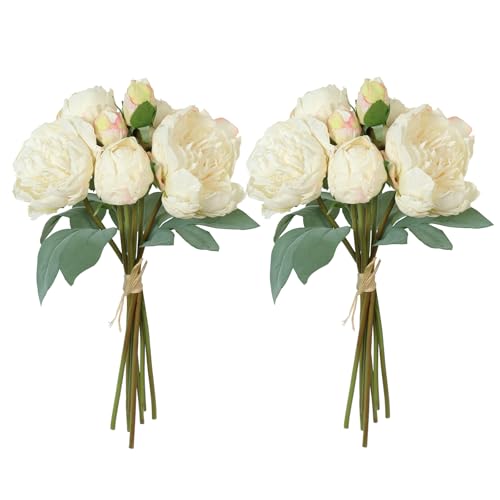 TOCHGREEN Artificial Peonies Silk Flowers 2 Bouquets Vintage Fake Peonies 14pcs Heads Faux Peony Flowers with Stems for Home Wedding Table Decoration Bridal Bouquet Floral Arrangement (White, 2PCS) - color: White