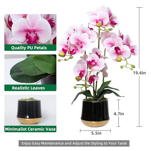 Artificial Orchid Flowers in Ceramic Vase Realistic Pink Faux Orchids 19.5 Inch Fake Phalaenopsis Plant Arrangements for Home Indoor Centerpiece Decor (Set of 4 Stems) - color: Pink, size: 14CM- BlackGolden