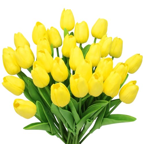 28pcs Yellow Flowers Artificial Tulip Stems Real Feel PU Tulips for Easter Spring Wreath Wedding Bouquet Centerpiece Floral Arrangement Cemetery Table Décor 13" Tall - color: Yellow