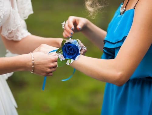 CherishedMoments Corsage and Boutonniere Set, Navy Blue Rose Handmade Artificial Flower Wrist Corsage and Groom Boutonniere for Men Wedding, Bridesmaid Hand Flower for Wedding,Prom Suit Decorations - color: Navy Blue
