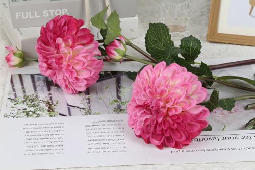 IPOPU 4pcs Artificial Dahlia Flowers 29" Realistic Dahlia Silk Flowers Long Stem Flowers with Buds for Tall Vase DIY Bouquet Home Wedding Decor (Hot Pink) - color: Dark Pink