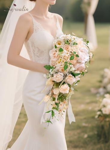 Serwalin 11 Inch Champagne Wedding Bouquets for Bride Bridesmaid, Artificial Rose Bridal Bouquets for Bride, Wedding Flowers Bouquet Tossing Bouquet, Wedding Ceremony and Anniversary - color: Champagne
