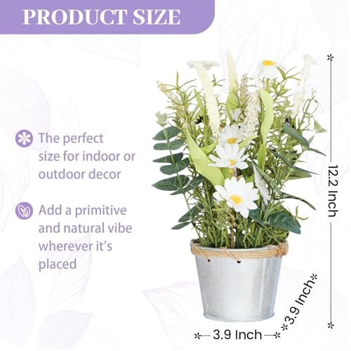 Artificial Flowers Potted, 12.2'’ Small Flower Arrangement with White Daisy Lavender in Metal Pot, Fake Floral Centerpieces for Tables Spring Summer All Season Home Indoor Decaorations - color: Cream 01