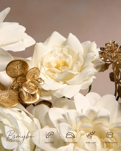 BSMYBO Artificial Flowers Fake Rose Combo Box Set Ivory White Silk Flowers Camellia White Dahlia Leaf with Stems for DIY Wedding Bouquets Table Centerpieces Baby Shower Party Home Bridal Decorations - color: White, size: PureBlooms