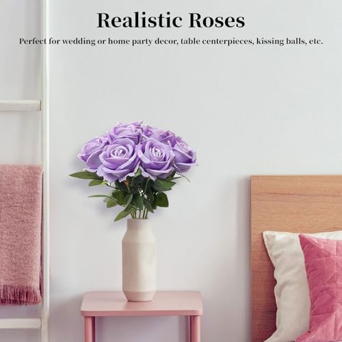 10 PCS Artificial Roses with Long Stems Silk Flowers Realistic Foam Flowers Fake Roses for Valentine's Day Home Wedding Halloween Decor(Light Purple) - color: Light Purple